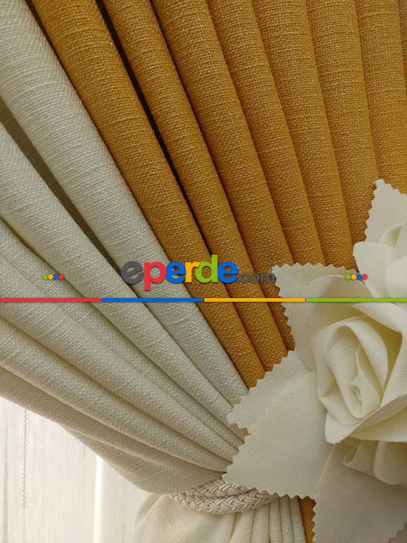 Salon Fon Perde - Hardal Sarı Krem Renk Kombinli Jakar Desenli Fon Perde- Krem