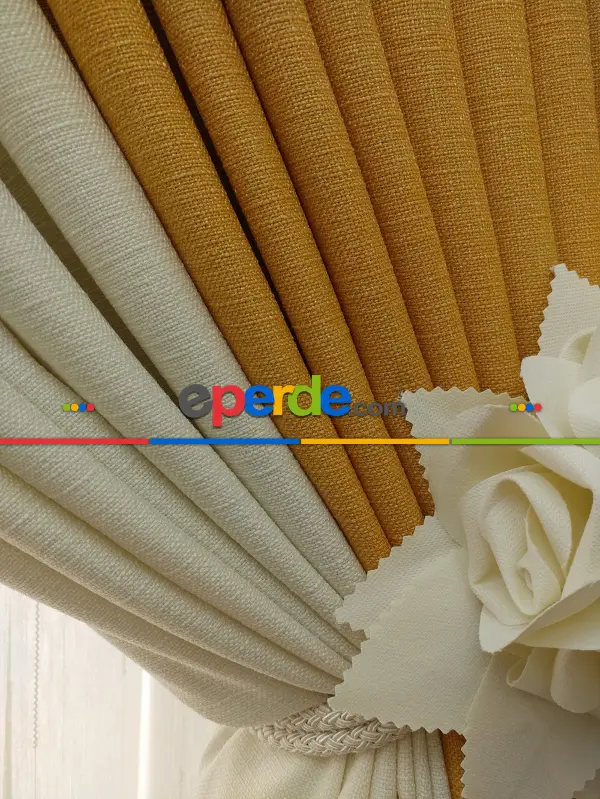 Salon Fon Perde - Hardal Sarı Krem Renk Kombinli Jakar Desenli Fon Perde- Krem