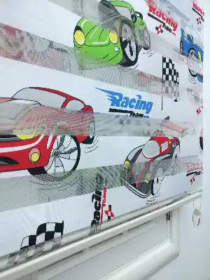 Racing Arabalı Desen Zebra Perde Kırmızı-mavi-siyah- Siyah-Mavi-Kırmızı