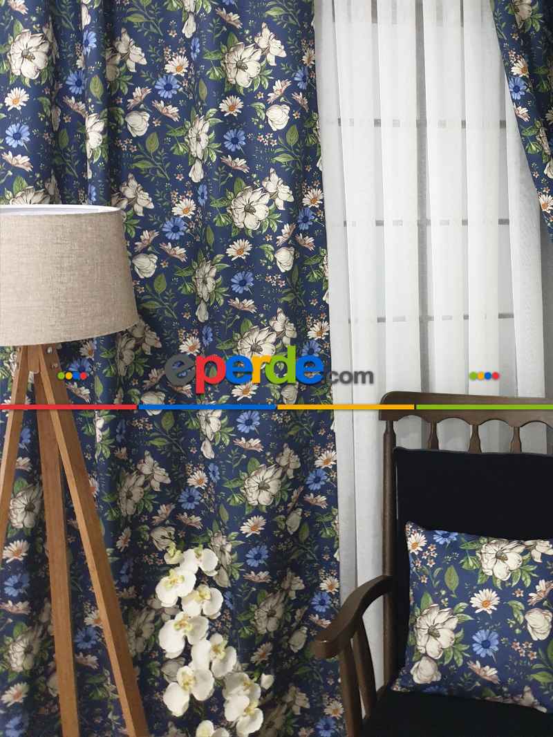 Salon Fon - Çiçek Desenli Fon Perde Evm1073 Kumaşı Kalındır Duck Bezi Değildir