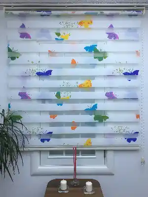Çocuk Odası - Kelebek Desenli Zebra Perde- Mavi