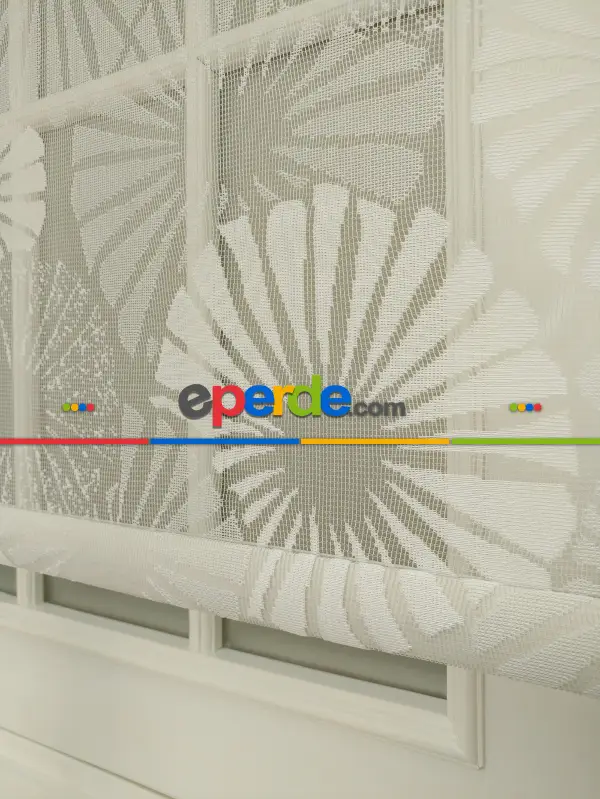 Jakar Örme Tül- Ekru Çiftli Sistem Dantel Desenli Perde- Ekru