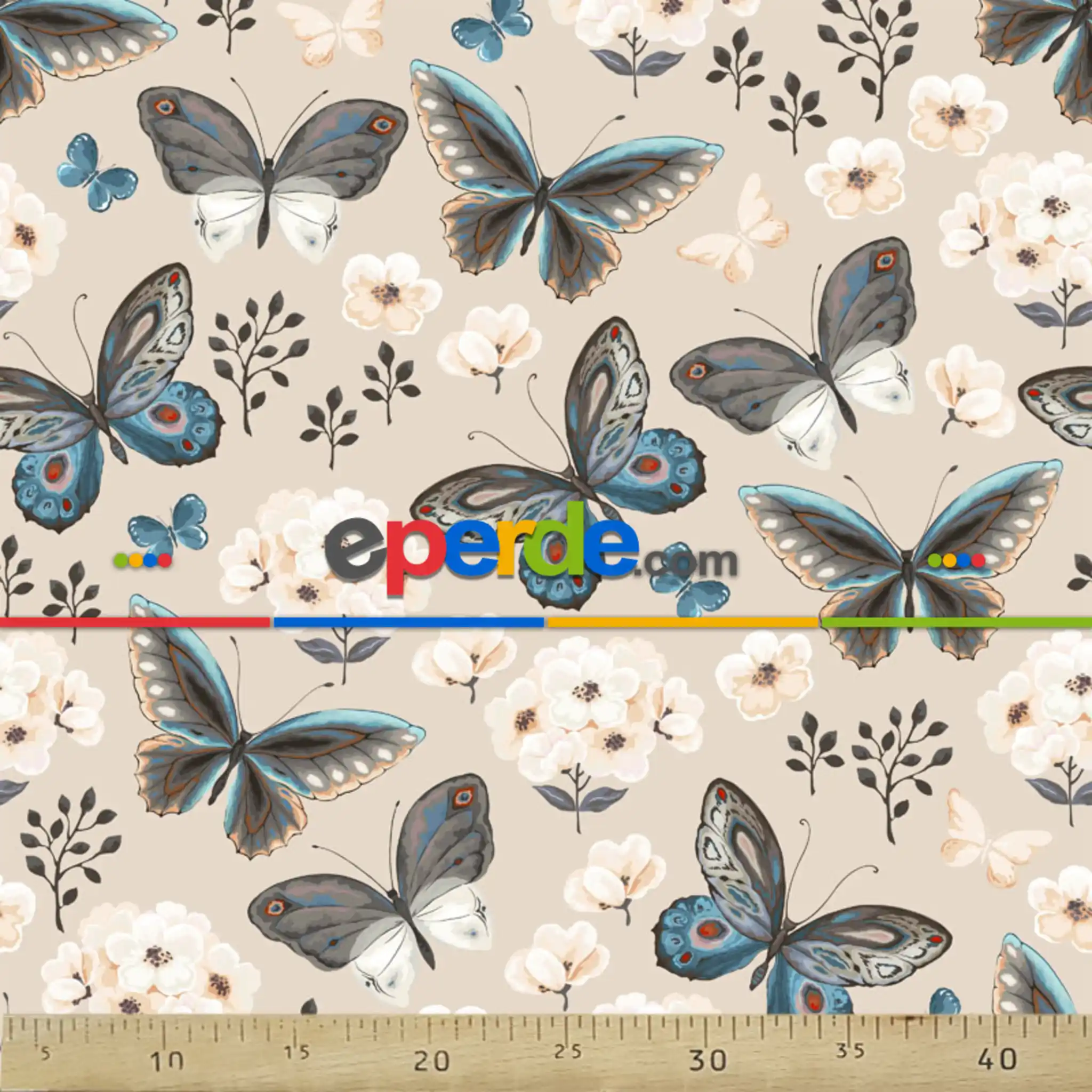 Kelebek Ve Çiçek Desenli Fon Perde Evm1067 Kumaşı Kalındır Duck Bezi Değildir- Siyah-Beyaz-Mavi Doymamış