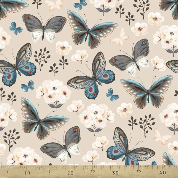 Kelebek Ve Çiçek Desenli Fon Perde Evm1067 Kumaşı Kalındır Duck Bezi Değildir- Siyah-Beyaz-Mavi Doymamış