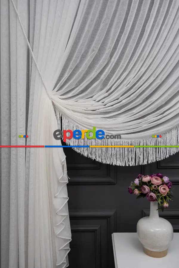 Keten Yalancı Kruvaze - Tülden Fon - Halat İle Yana Toplamalı Tül - Kordon Toplama Tül - Çift Veya Tek Kanat - Aksesuar İlave Ücretlidir - Kurşunlu Tül