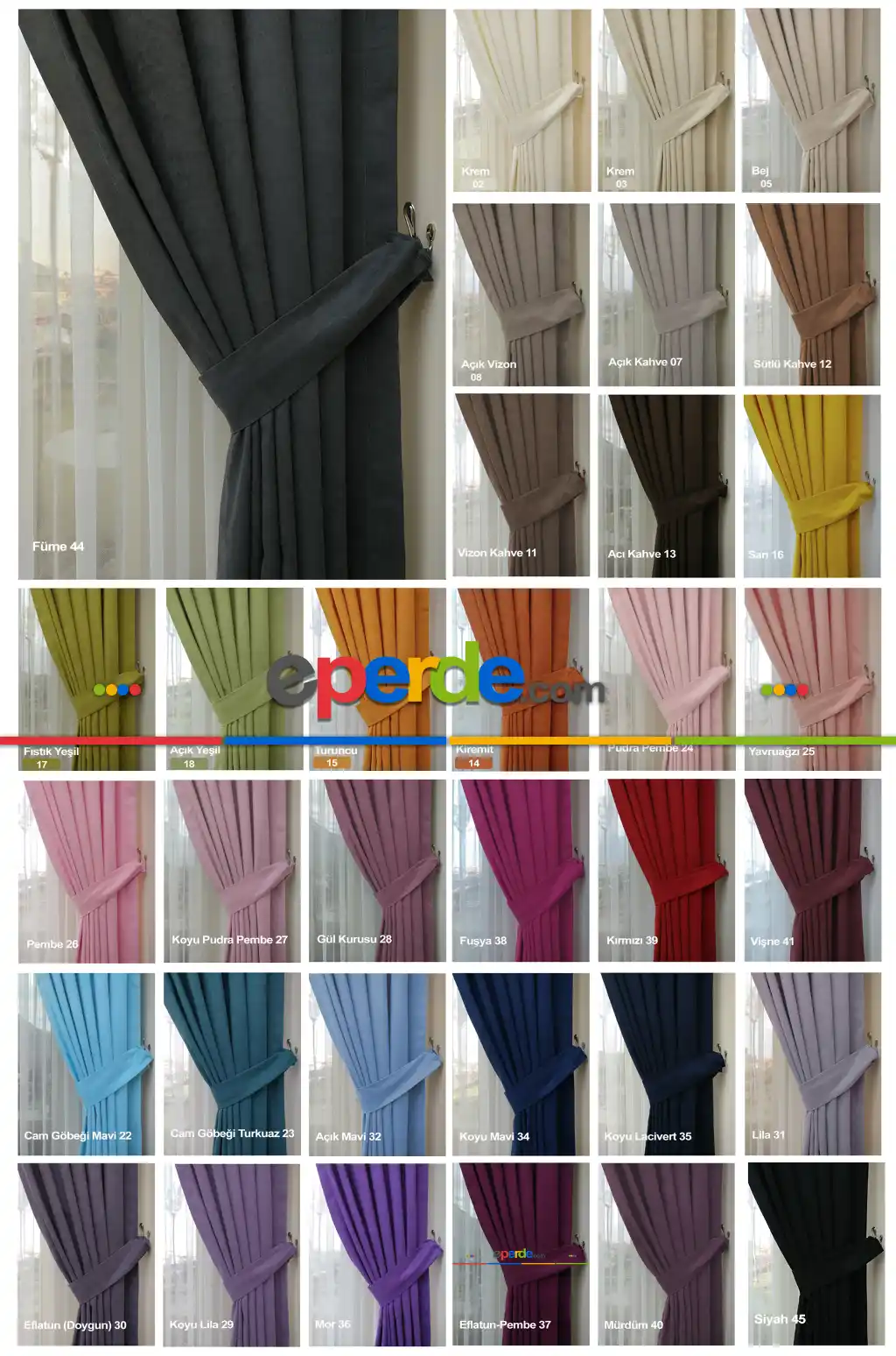 Düz Fon Perde 35 Renk 1/3 Sık Pile Seçeneği/ekstra %20 İndirim- Çok Renkli 50cm X 260cm 