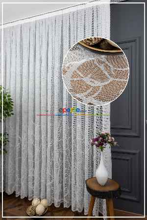 Hazır Ölçülü Eteği Dal Ağaç Desenli Örme Tül - Ekru