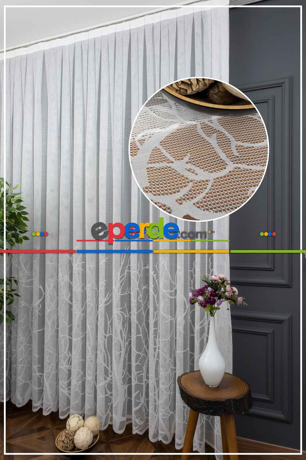 Hazır Ölçülü Eteği Dal Ağaç Desenli Örme Tül - Ekru