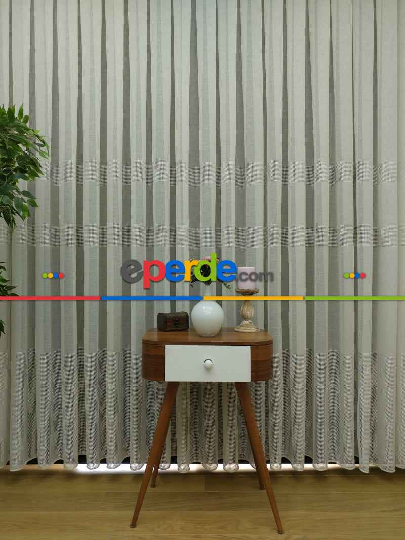 Mutfak - Bantlı Keten Doğal Tül Perde- Krem