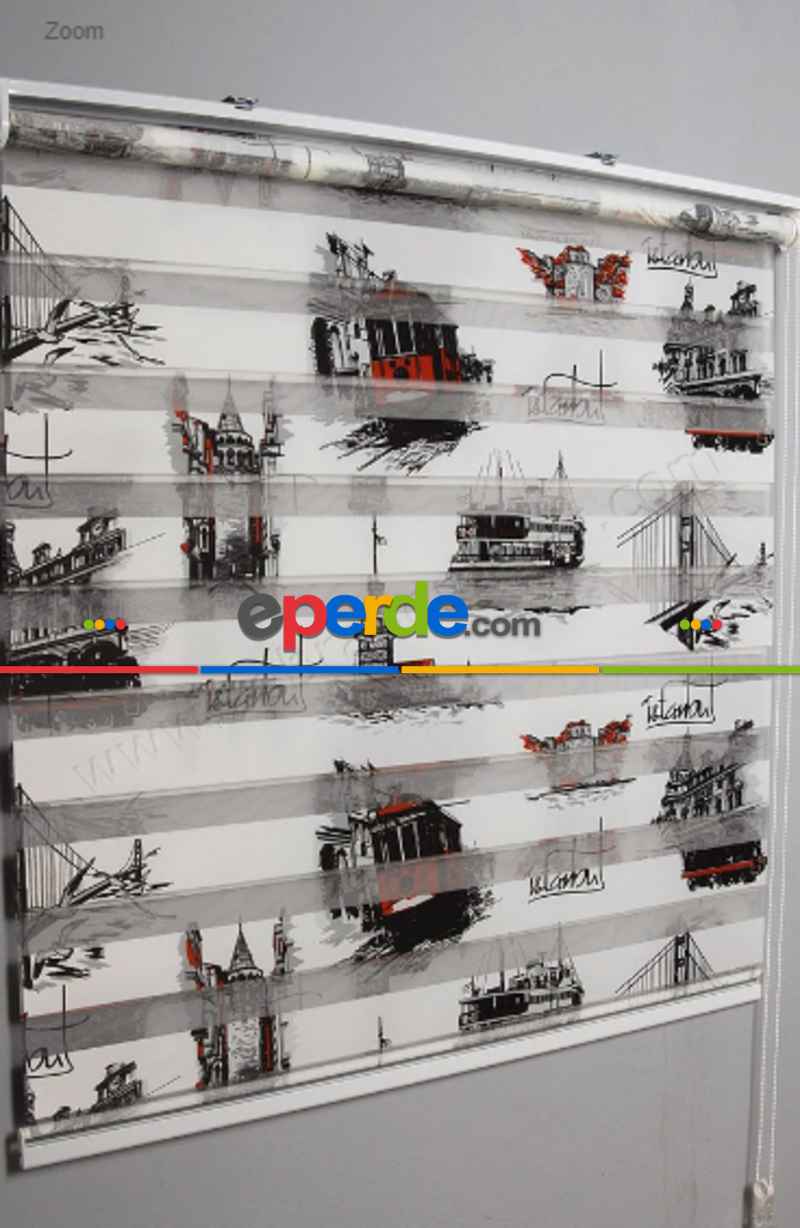 Baskılı İstanbul Zebra Perde- Siyah Kırmızı