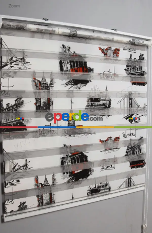 Mutfak - Baskılı İstanbul Zebra Perde- Siyah Kırmızı