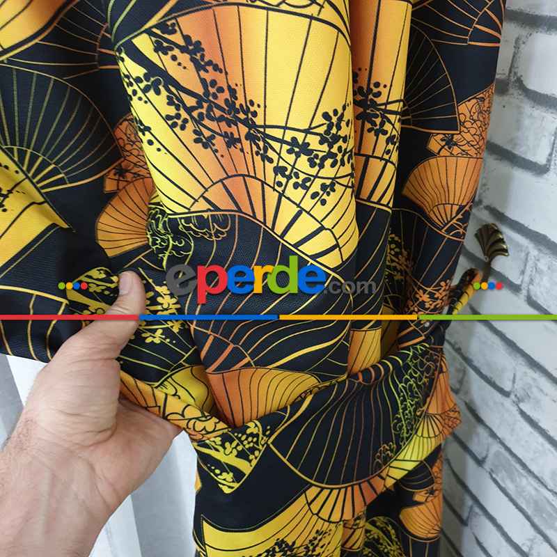 Japon Yelpaze Desenli Fon Perde Evm698 Kumaşı Kalındır Duck Bezi Değildir- Siyah