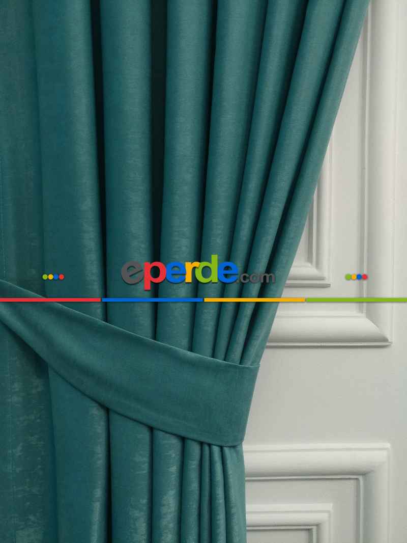 Salon - Soft Fon Perde Açık Petrol Dökümlü En - Petrol Mavisi