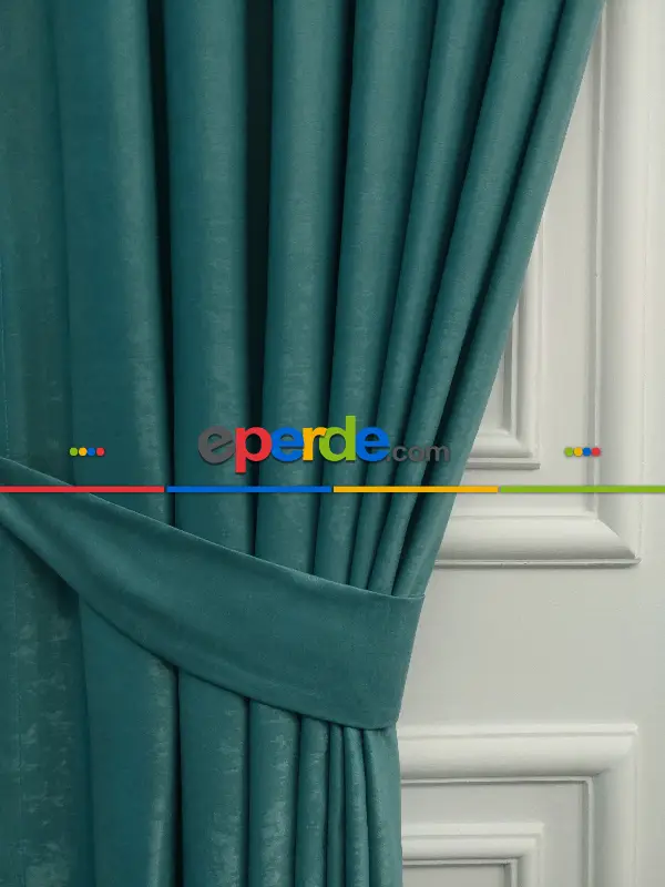 Salon - Soft Fon Perde Açık Petrol Dökümlü En - Petrol Mavisi