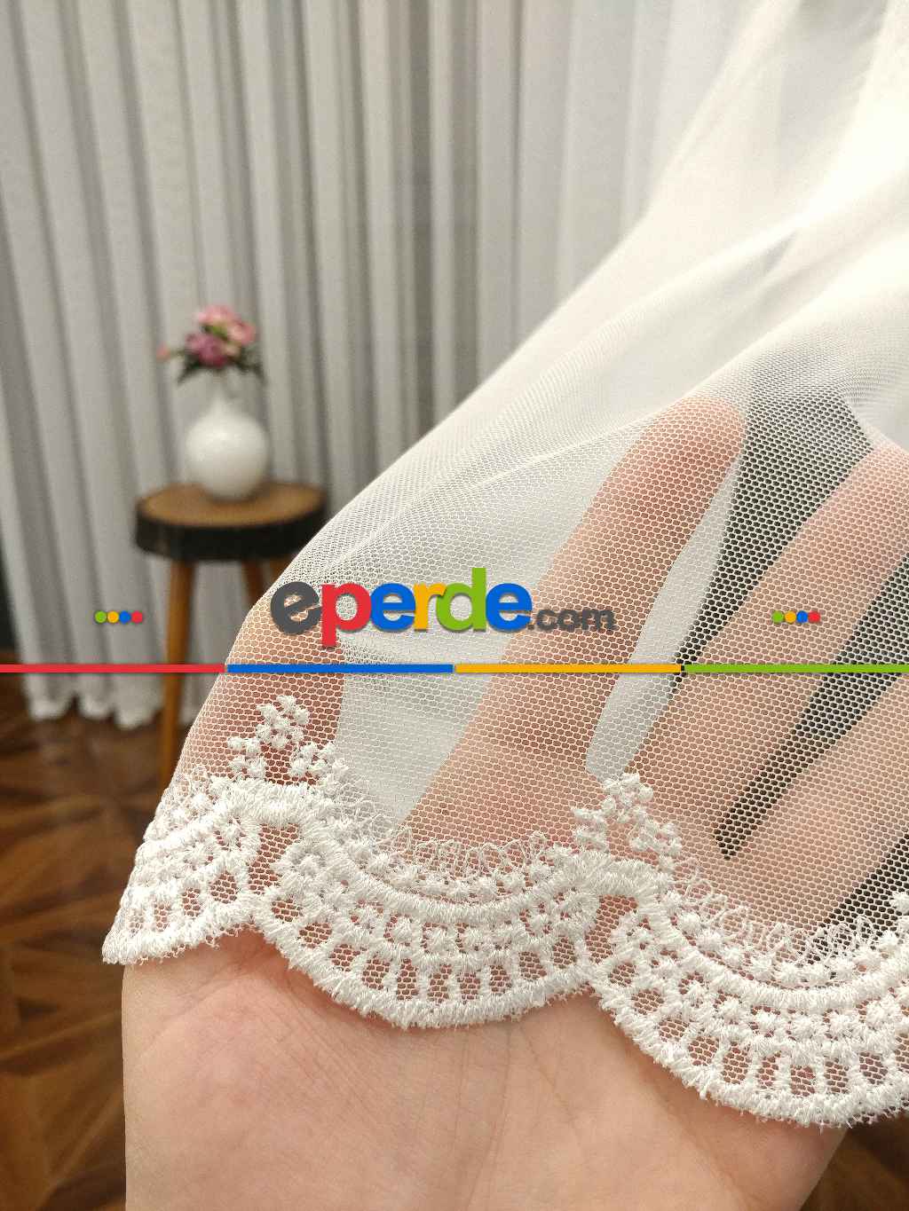 Salon Ütü İstemez - Grek Zemin Etek Ucu Nakışlı İşlemeli Tül- Ekru