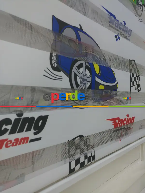 Bebek Odası Zebra Perde - Zebra Perde Racing- Mavi