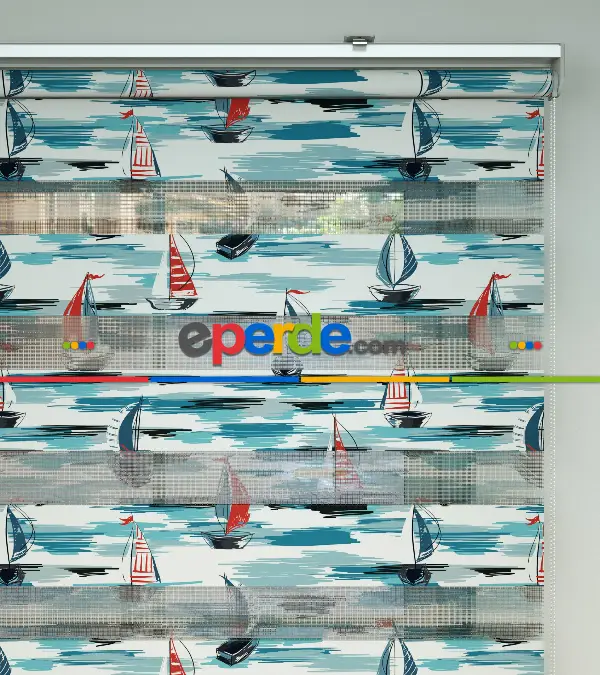 Çocuk Odası Zebra Perde - Yelkenli Desen Baskılı Zebra Perde- Çok Renkli