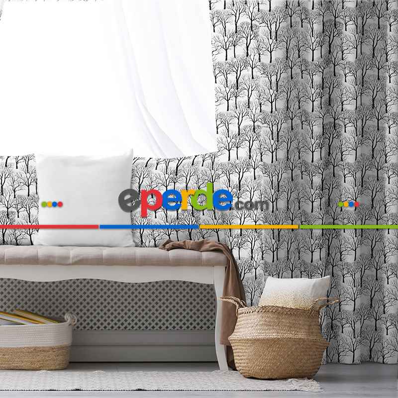 Ağaç Desenli Fon Perde Evim718 Kumaşı Kalındır Duck Bezi Değildir- Mavi-beyaz