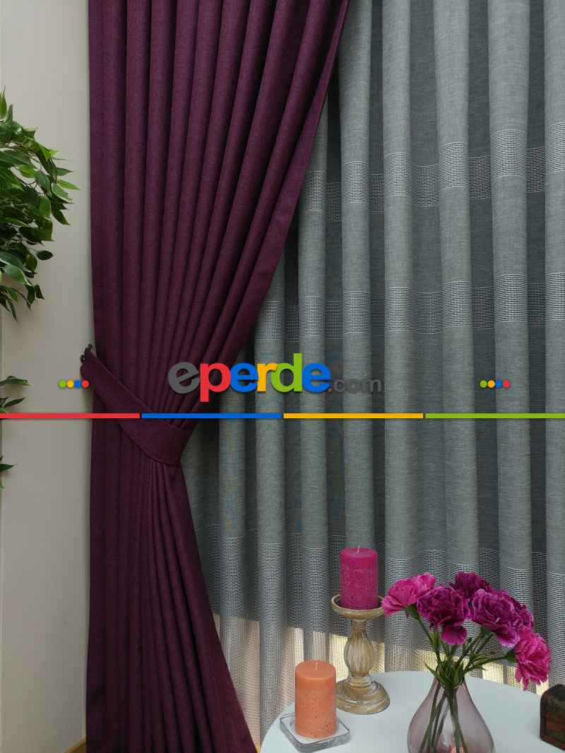 Keten Mor Düz Fon Perde- Mor