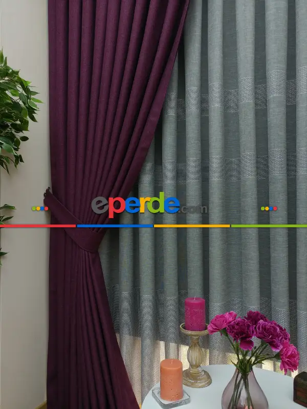 Yatak Odası - Keten Mor Düz Fon Perde- Mor