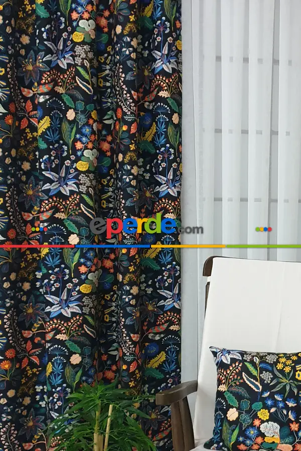 Mavi Çiçek Desenli Fon Perde Evm624 Kumaşı Kalındır Duck Bezi Değildir- Siyah-Mavi-Beyaz-Çok Renkli
