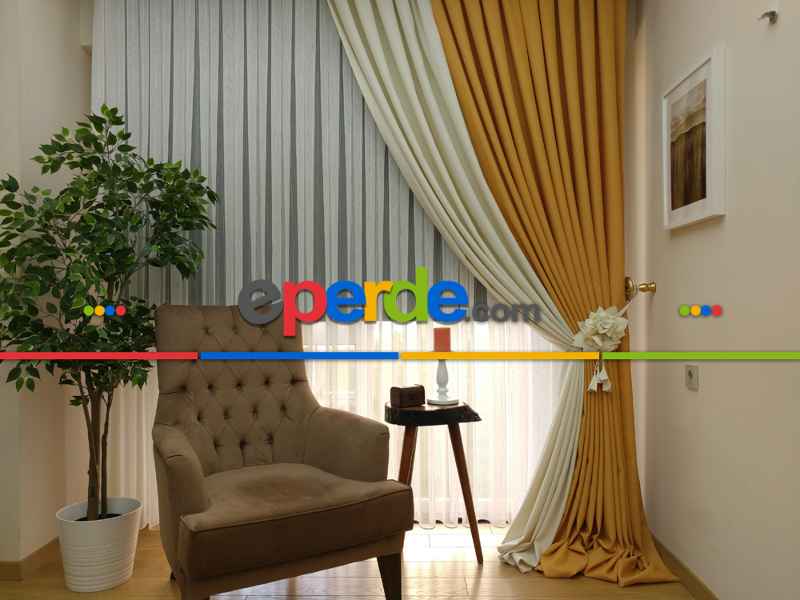 Salon Fon Perde - Hardal Sarı Krem Renk Kombinli Jakar Desenli Fon Perde- Krem