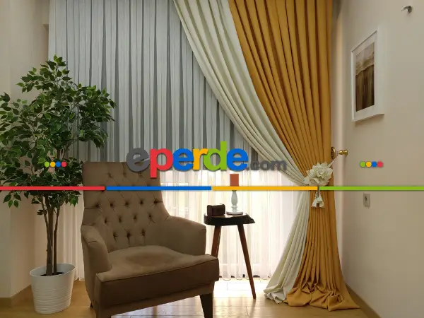 Salon Fon Perde - Hardal Sarı Krem Renk Kombinli Jakar Desenli Fon Perde- Krem