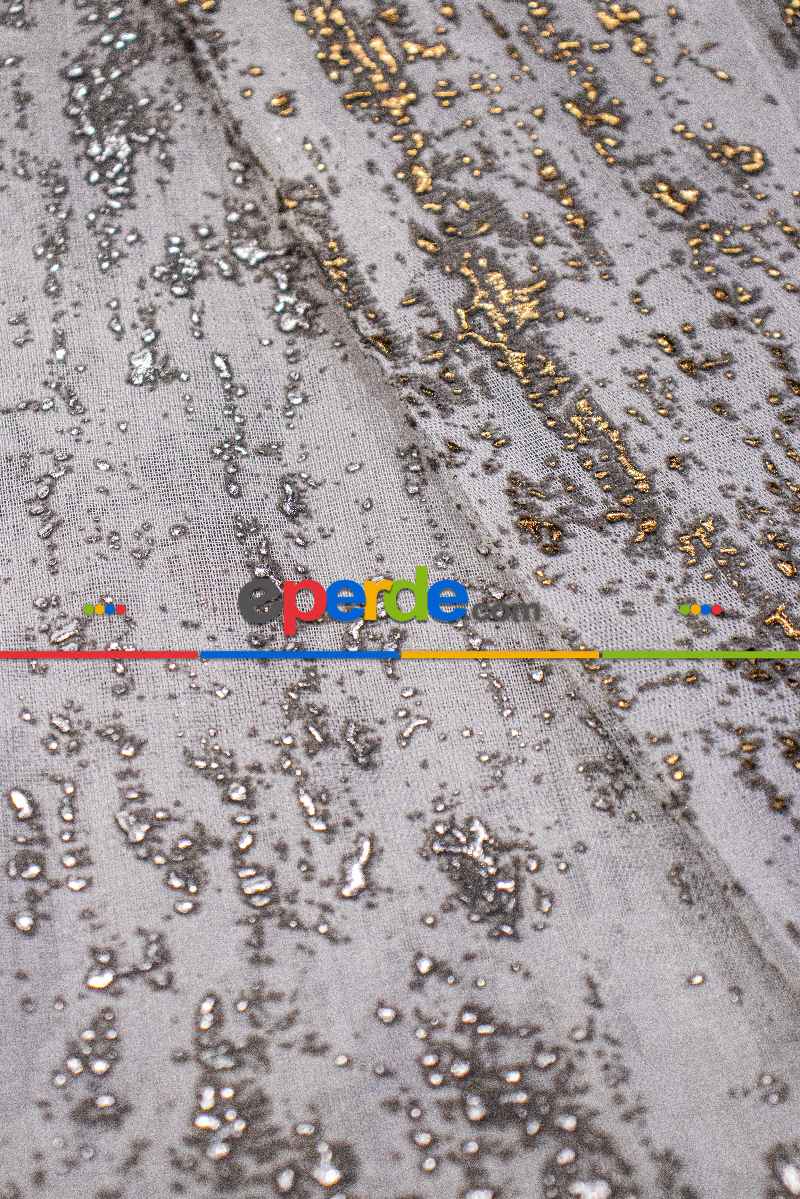 Altın/gümüş Etek Patine Desenli Tül Perde - Armür Dokuma Keten Efektli Zemin