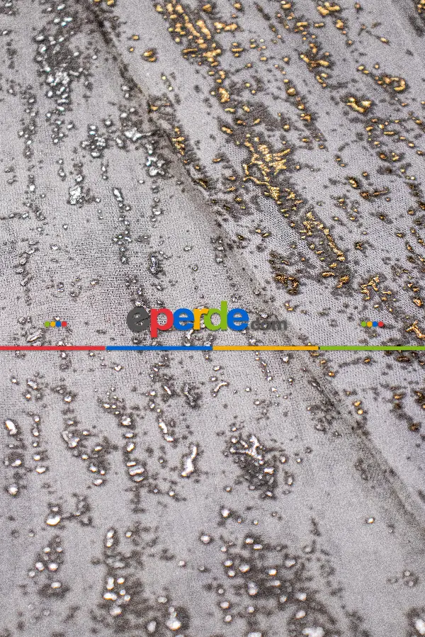 Salon - Altın/gümüş Etek Patine Desenli Tül Perde - Armür Dokuma Keten Efektli Zemin