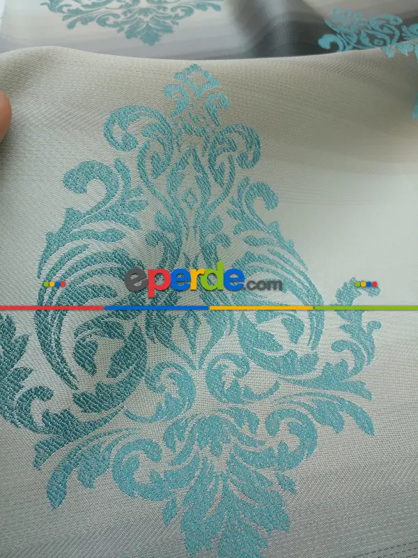 Renk Geçişli Jakar Desenli Salon Fon Perdesi - Turkuaz - Füme - Vizon- Bej-füme-turkuaz