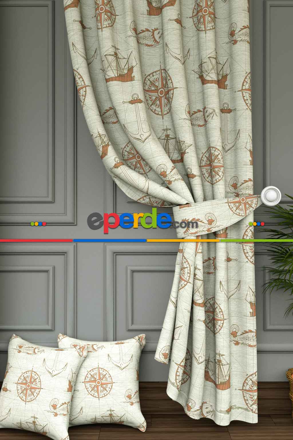 Dökümlü Kumaştan Çocuk Odası - Geniş En Denizci Desen Fon Perde 1. Kalite