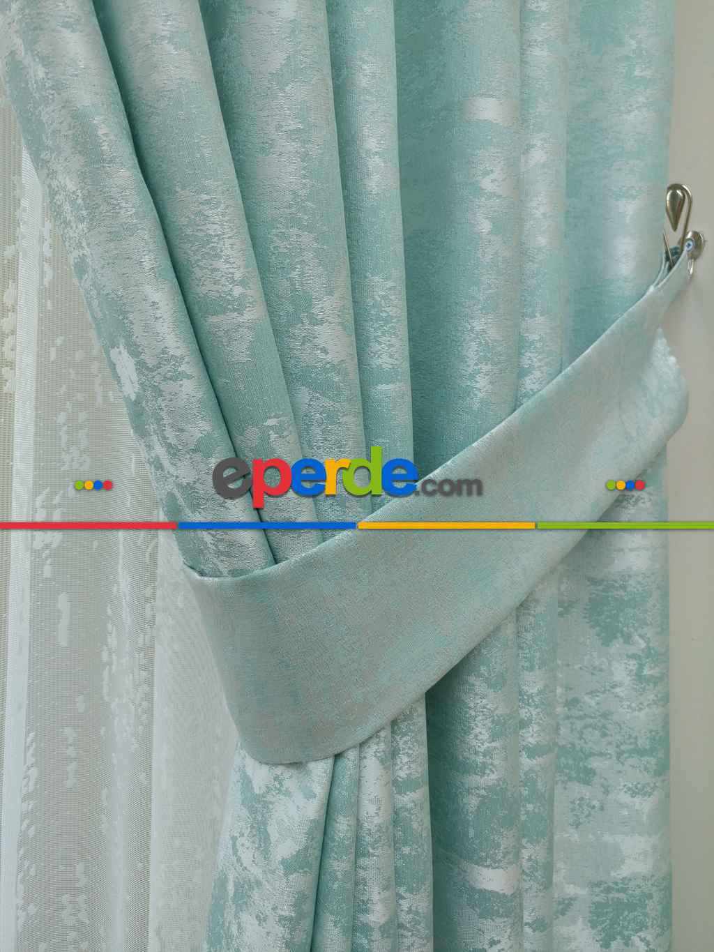 Patinedesenli Su Yeşil - Katyonik Jakar Fon Perde- Su Yeşili