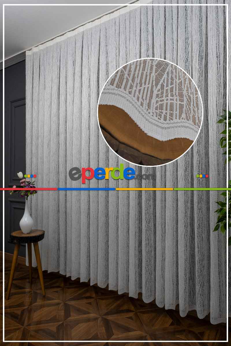 Desenli Tül Perde - Fransız Dantel Örme Tül - Geometrik Çizgili Tül - Spor Desenli Tül - Ütü İstemez- Ekru Açık Krem