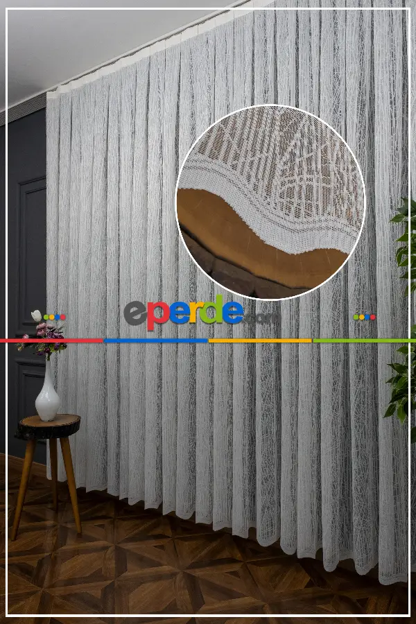 Mutfak Desenli Tül Perde - Fransız Dantel Örme Tül - Geometrik Çizgili Tül - Spor Desenli Tül - Ütü İstemez- Ekru Açık Krem