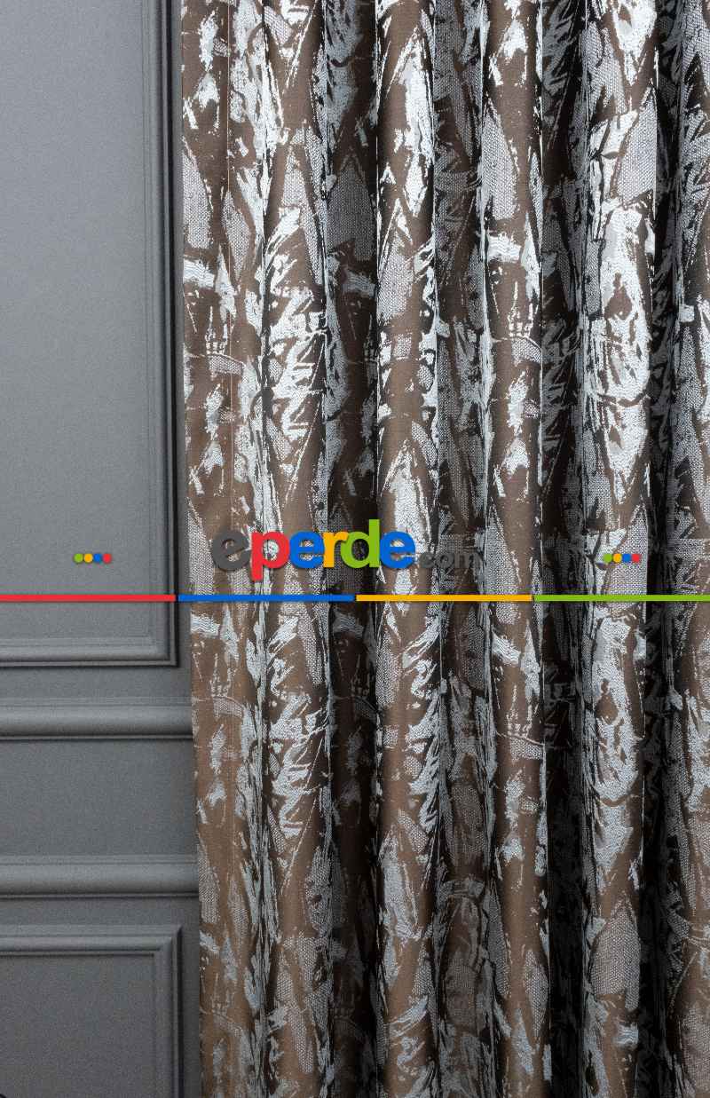 Evce Jakar Dokuma Fon Perde Zemin Kahve (açık Mavi) Desen