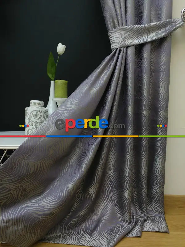 Dikiş Fiyata Dahildir - Mor Dalga Desenli Jakar Fon Perde- Mor