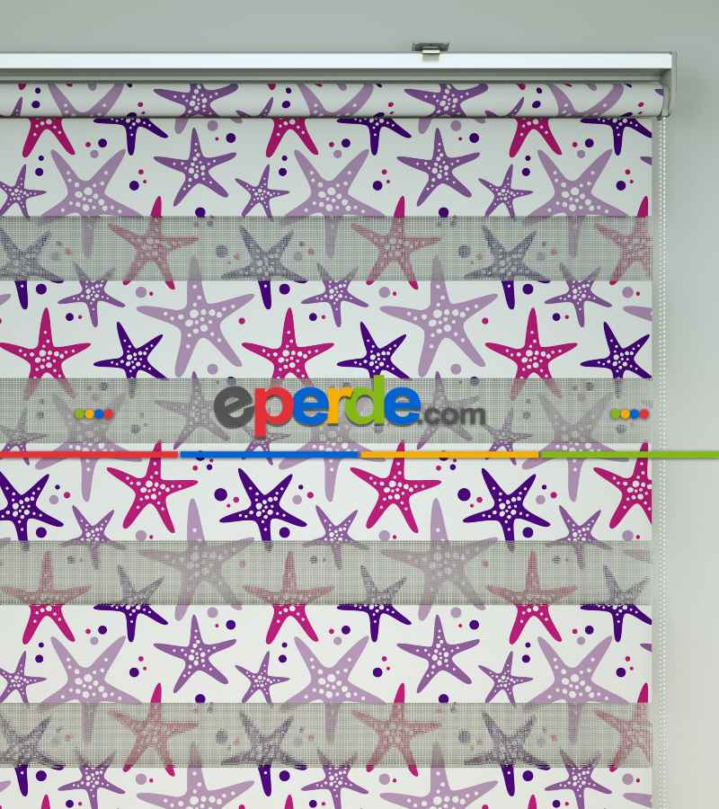 Çocuk Odası Zebra Perde - Deniz Yıldızı Baskılı Zebra Perde- Beyaz-Pembe-Mor