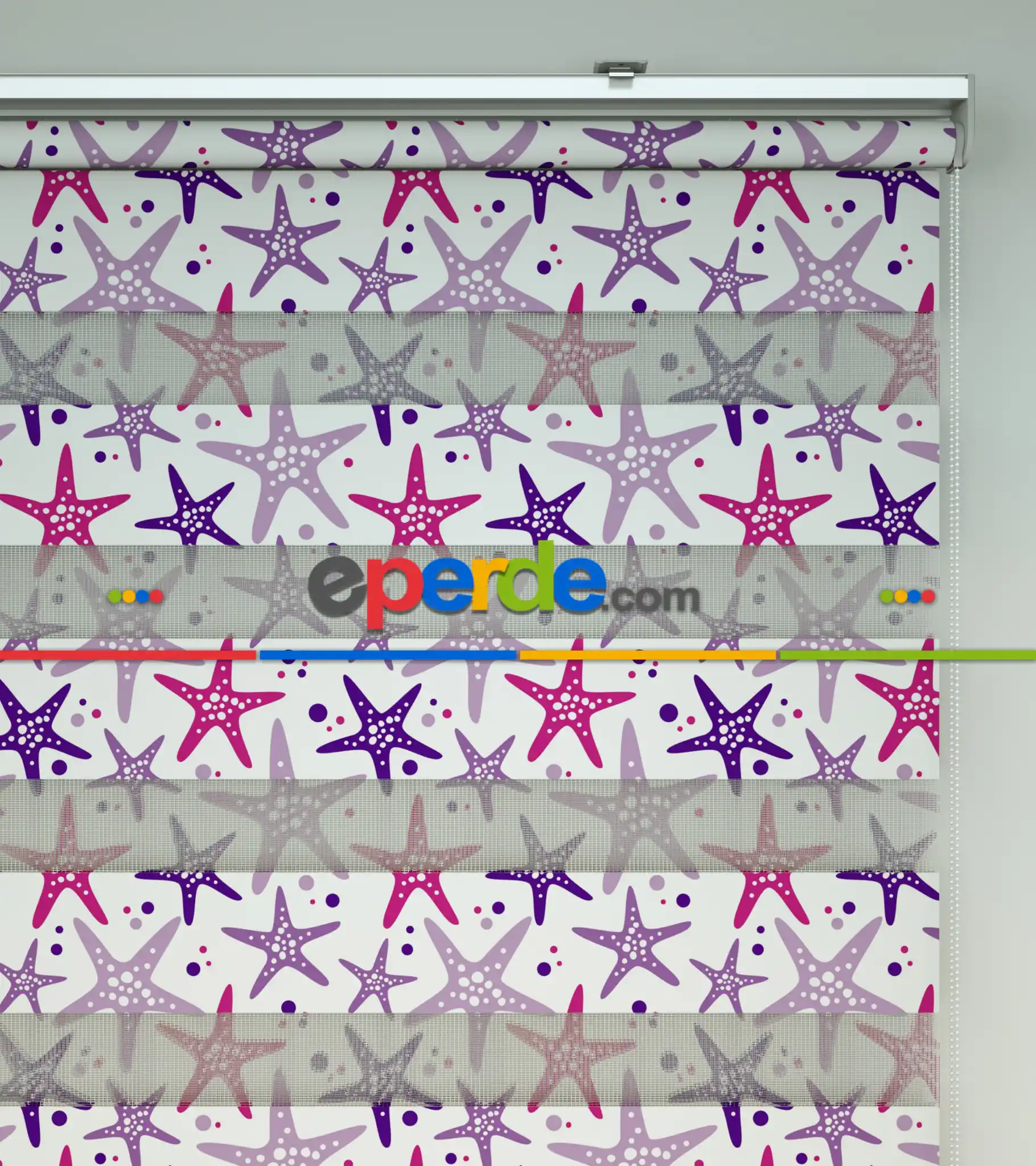 Bebek Odası Zebra Perde - Deniz Yıldızı Baskılı Zebra Perde- Beyaz-Pembe-Mor