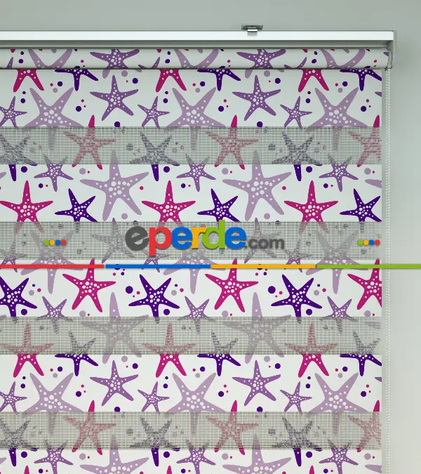 Bebek Odası Zebra Perde - Deniz Yıldızı Baskılı Zebra Perde- Beyaz-Pembe-Mor