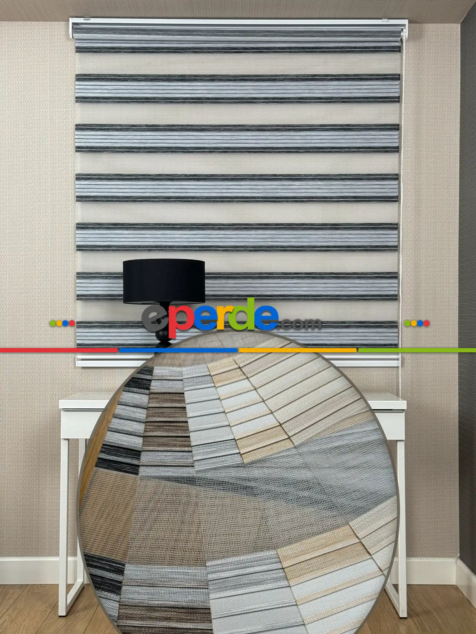 Oturma Odası Açık Gri Siyah Pliseli Bambu Zebra Perde, Standart Metal Kasalı Yüksek Kalite Kornişe Kolay Montaj Seçenekli