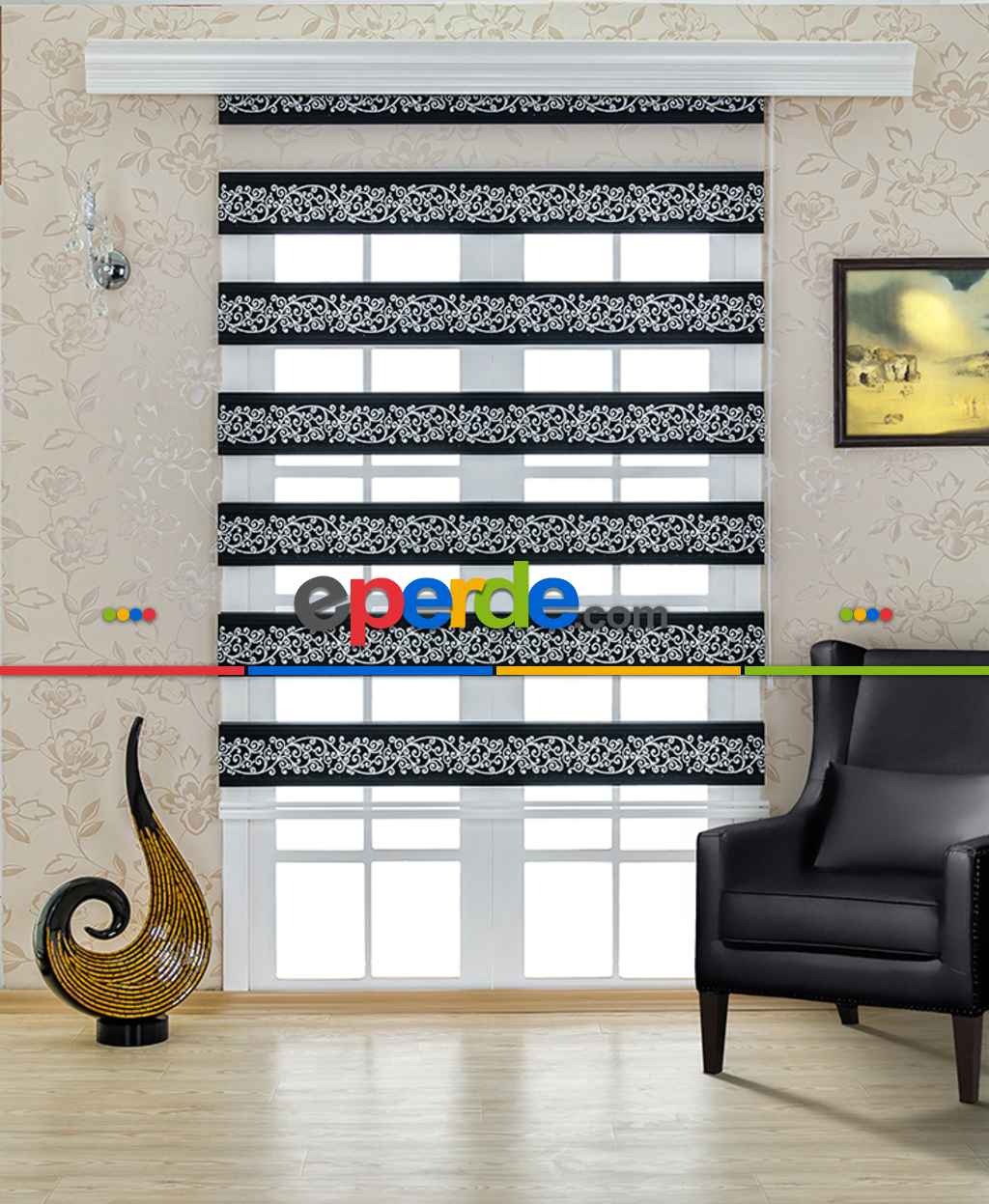 Mutfak - Siyah Sarmaşık Zebra Perde- Siyah-Beyaz-Gümüş Simli