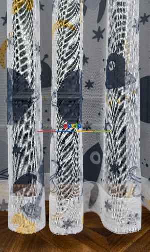 Hazır Ölçülü Petek Zemin Gri Ve Sarı Renkli Gezegenler Desenli Grek Baskılı Tül Perde