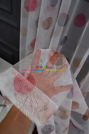 Hazır Ölçülü Petek Zemin Kahverengi Ve Pembe Renkli Puantiye Desenli Grek Baskılı Tül Perde