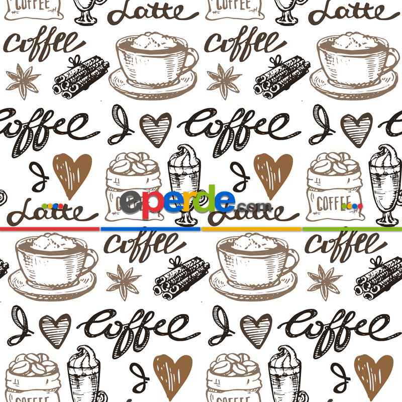 Kahve Fincan Desenli Fon Perde Evm821 Kumaşı Kalındır Duck Bezi Değildir- Siyah-Beyaz