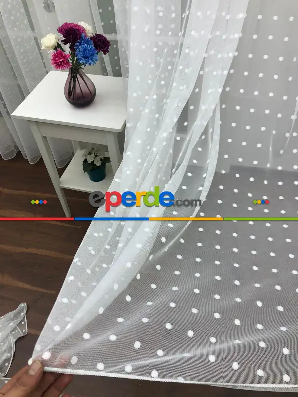 Puantiyeli Spor Desenli Tül Perde- Ekru - Kurşunlu Tül