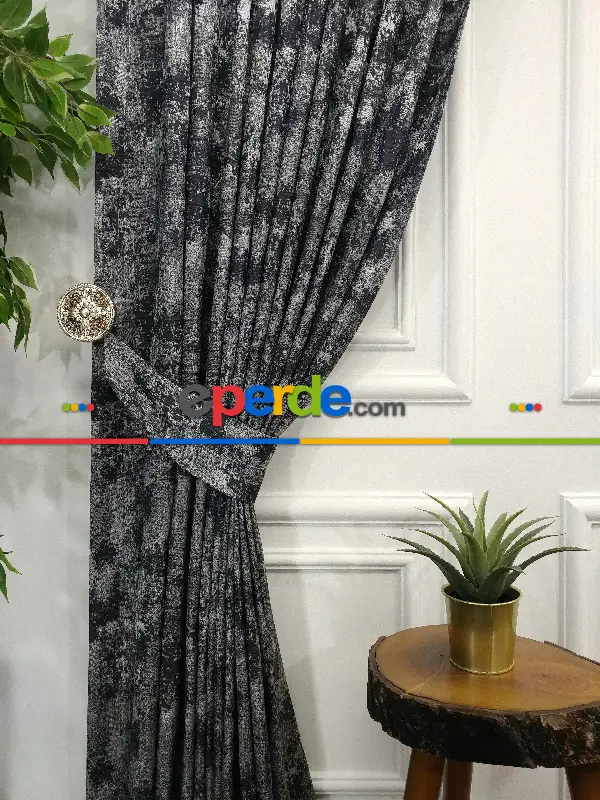 Jakar Desenli Fon Perde- Lacivert Gri