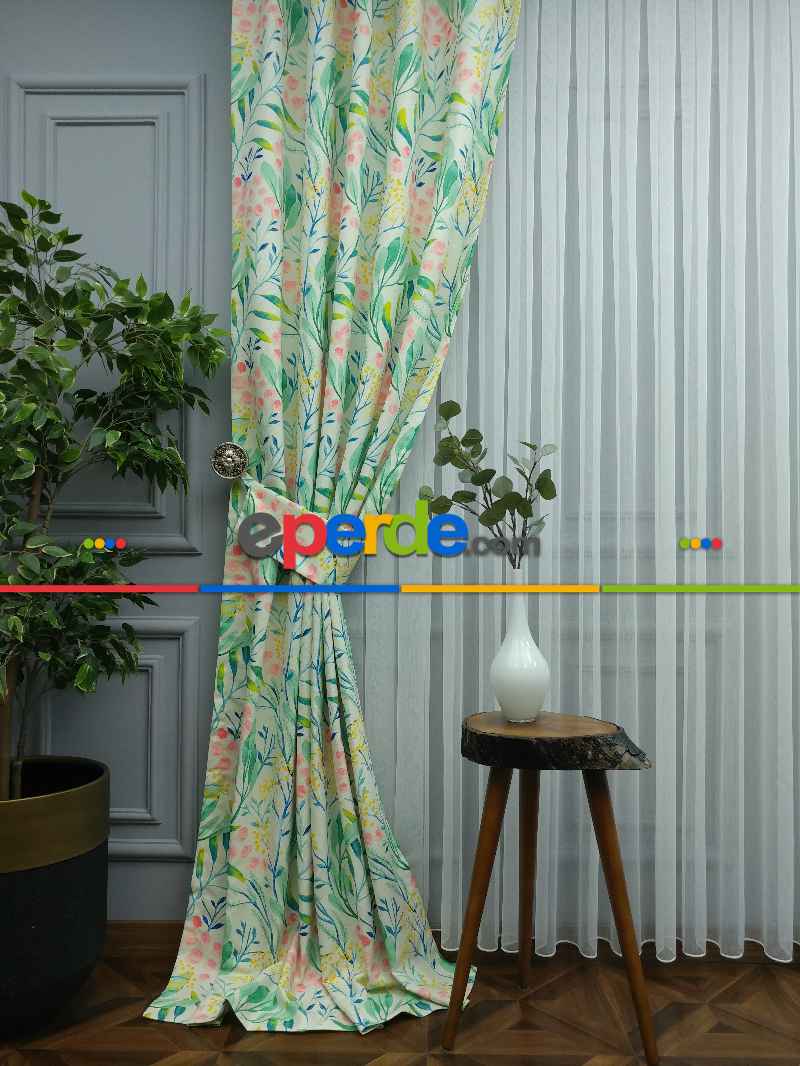 Mutfak Perdesi Kanat Fon Perde Çiçek Desenli- Yeşil