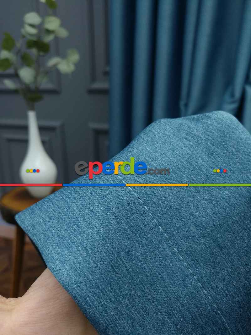 Saon Perdesi - Modern Keten Görünümlü Işık Geçirmez Karatma Fon Perde 2021 Ikon- Mavi Koyu