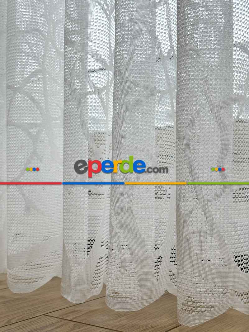 Oturma Odası - Sarmaşık Dal Desenli Fransız Dantel Örme Tül Perde, Desenli Ütü İstemeyen Tül