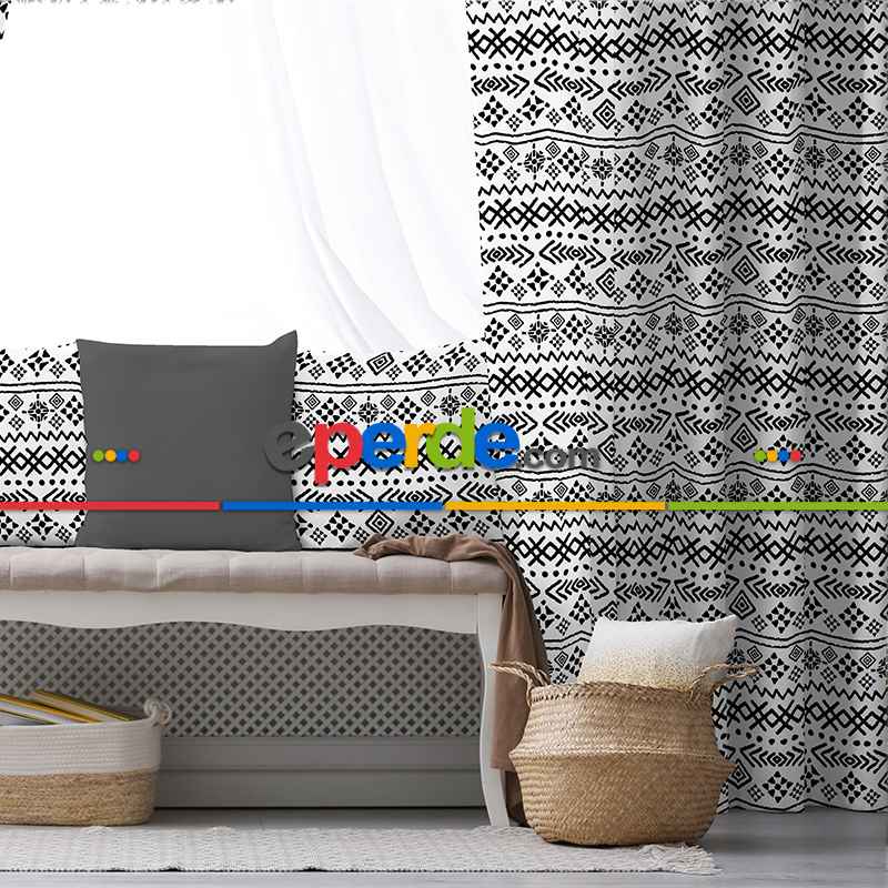 Etnik Fon Perde Evim1513 Kumaşı Kalındır Duck Bezi Değildir- Mavi-beyaz